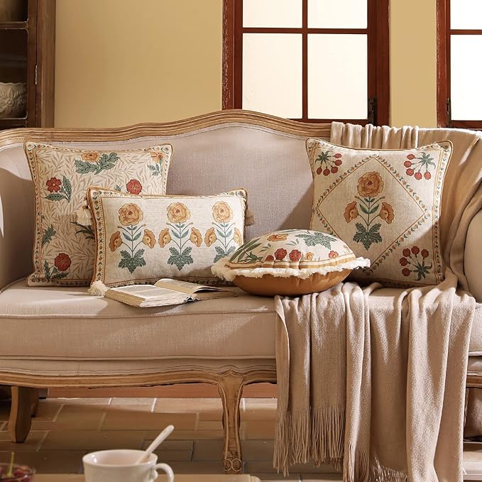 patdrea Designer Throw Pillow Covers for Couch 18"x18",Vintage French Linen Pillows Cover with Daisy Floral Pattern,Beige Soft Farmhouse Decorative Square Cushion for Bed,Living Room,Set of 2