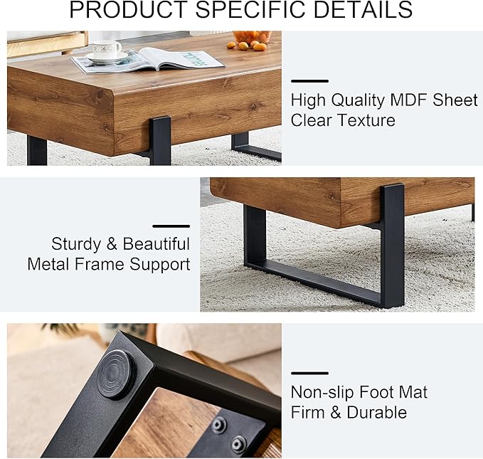 47.24'' Modern Rectangle Coffee Table Black Metal Legs for Living Room Dining Room Bedroom Office