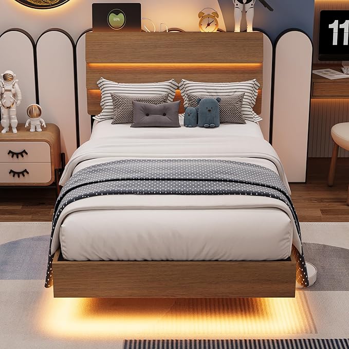 Twin Bed Frames with LED Light and Charging Station, Floating Wooden Bed Frame, Heavy Duty Metal Slats, No Box Spring Needed, Noise Free, Easy Assembly, Walnut