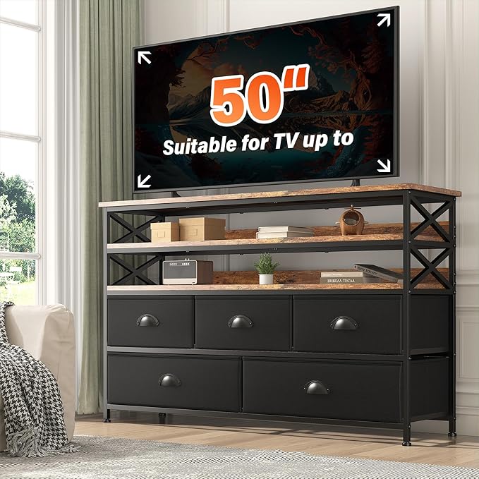 Black Dresser TV Stand for 50" TV, Sturdy Dresser for Bedroom with 3 Wood Open Shelves and 5 Fabric Drawers, Chest of Drawers Storage Dressers for Entryway, Closet, 11.8" D x 39.4" W x 38.4" H