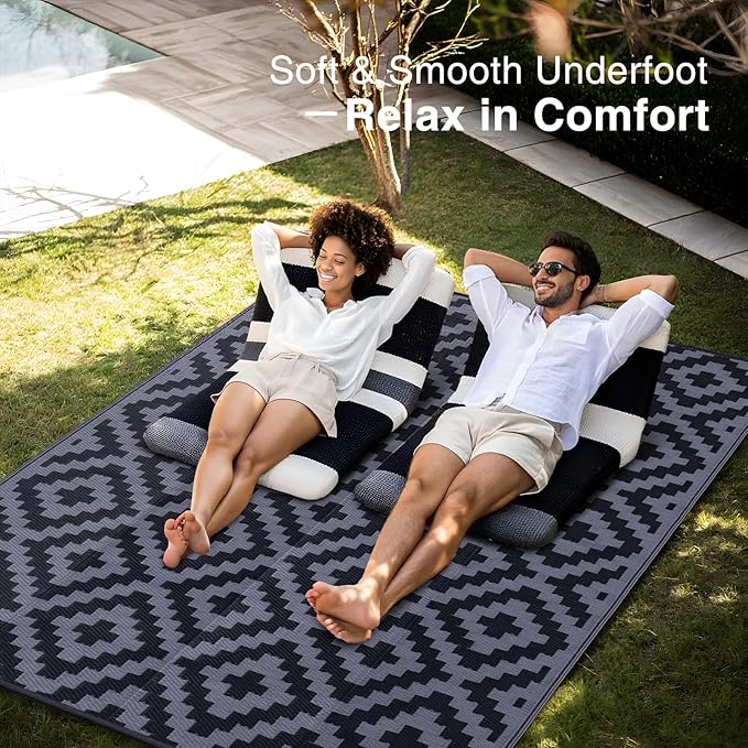 OLANLY Waterproof Outdoor Rug 9x18 ft, Outdoor Plastic Straw Rug for Camping, RV Mat Outside, Indoor Outdoor Carpet for Porch, Deck, Backyard, Balcony, Picnic, Black & Grey
