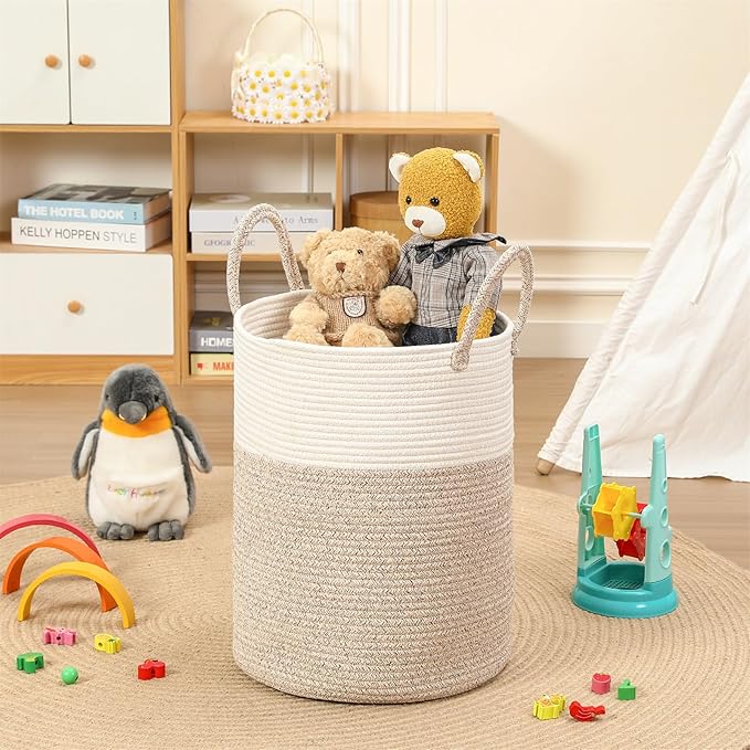 80L Large Woven Laundry Basket Hamper, 100% Natural Cotton Rope, Handwoven & Durable, Storage for Blankets, Toys, Clothes, Nursery Hamper for Living Room, Baby Room, Bedroom (Brown and White)