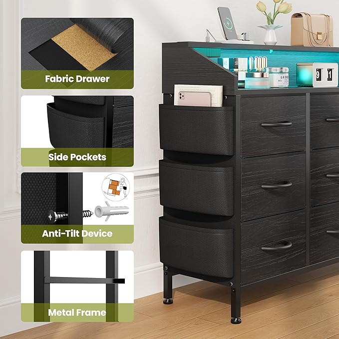 Lulive Black Dresser for Bedroom with LED Light and Power Outlets, 2-Tier Shelf Fabric Chests of Drawers for Closet, Entryway