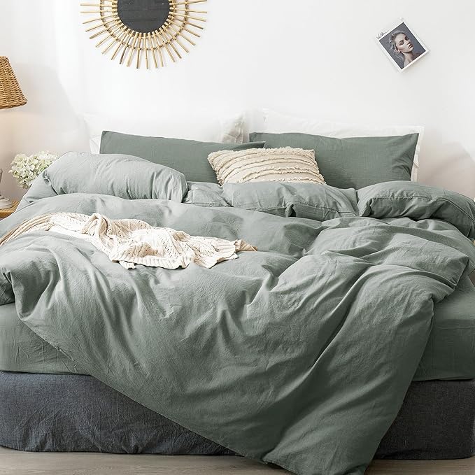 MooMee Bedding Duvet Cover Set 100% Washed Cotton Linen Like Textured Breathable Durable Soft Comfy (Heathered Green, Twin 68"x90")