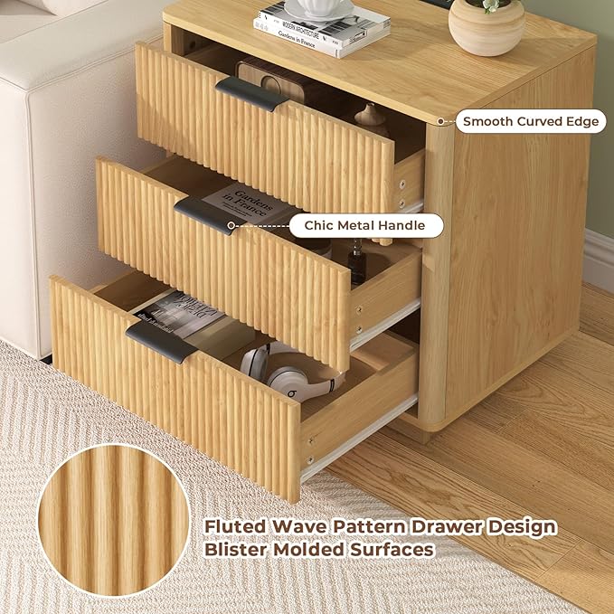 HOMMPA 24'' Fluted Nightstand with Charging Station Set of 2, Modern Bedside Table with Storage, 3 Drawer End Table, Wooden Bedside End Table for Bedroom, Living Room, Curved Profile Design