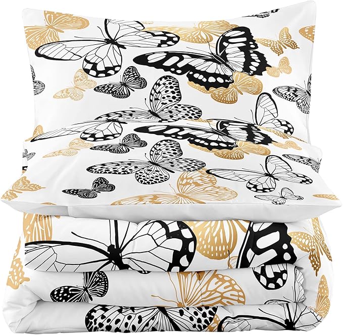 Tailor Shop Black and Gold Butterfly Comforter Set for Girls Kids Adults Ultra Soft Flying Butterfly Pattern Bedding Sets Queen Size with 1 Comforter 2 Pillowcases…