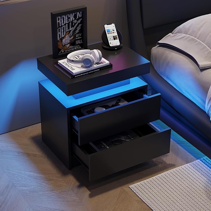 LED Nightstand with 2 Drawers Modern Night Stand with LED Lights Night Stands for Living Room,Bedroom