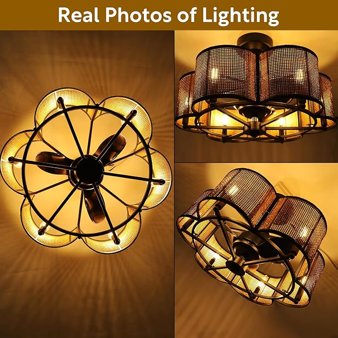 Ceiling Fans with 6-Bulb Lights and Remote, Flower Shaped Ceiling Light with 6 Adjustable Speed and for Bedroom, Kitchen and Living Room, Rattan Shade