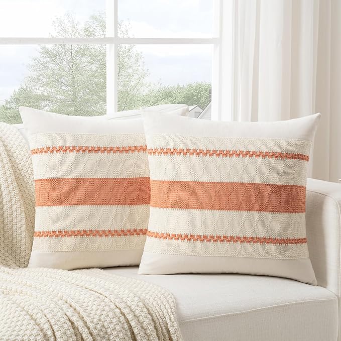 Fancy Homi Set of 2 Boho Coral Decorative Throw Pillow Cover 16x16 Inch for Couch Bed Sofa, Aesthetic Modern Organic Farmhouse Home Decor, Soft Cotton Cute Accent Macrame Woven Cushion Case