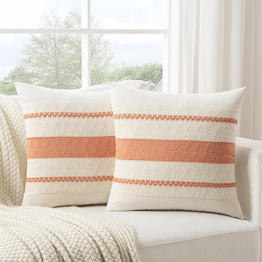 Fancy Homi Set of 2 Boho Coral Decorative Throw Pillow Cover 16x16 Inch for Couch Bed Sofa, Aesthetic Modern Organic Farmhouse Home Decor, Soft Cotton Cute Accent Macrame Woven Cushion Case