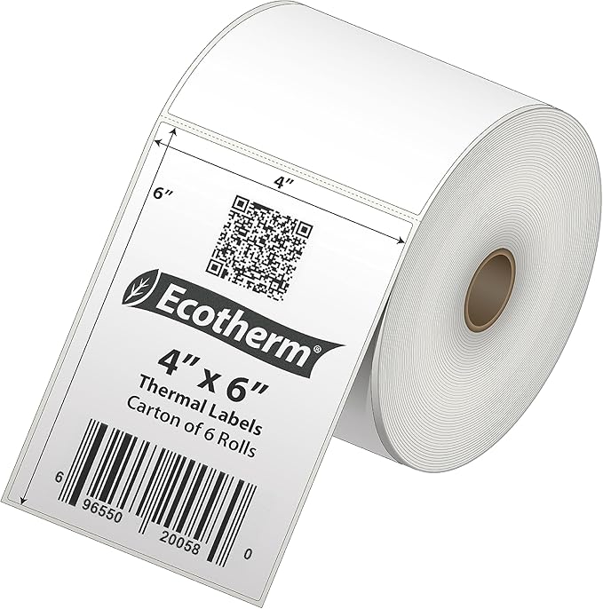 4" x 6" Thermal Labels | 6 Rolls | 2850 Labels | fits Zebra, Munbyn, Rollo, Godex, Arkscan, iDPRT, Offnova Thermal Label Printers and More | Blank White Adhesive Stickers by Ecotherm
