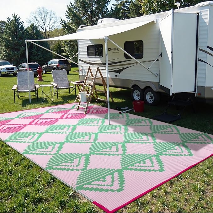 Beeiva Waterproof Outdoor Rug 8x10, Reversible Plastic Straw Patio Mat, Modern Geometric Large Outdoor Camping Rugs for Porch, Deck, Backyard, Balcony, Picnic - Pink & Green