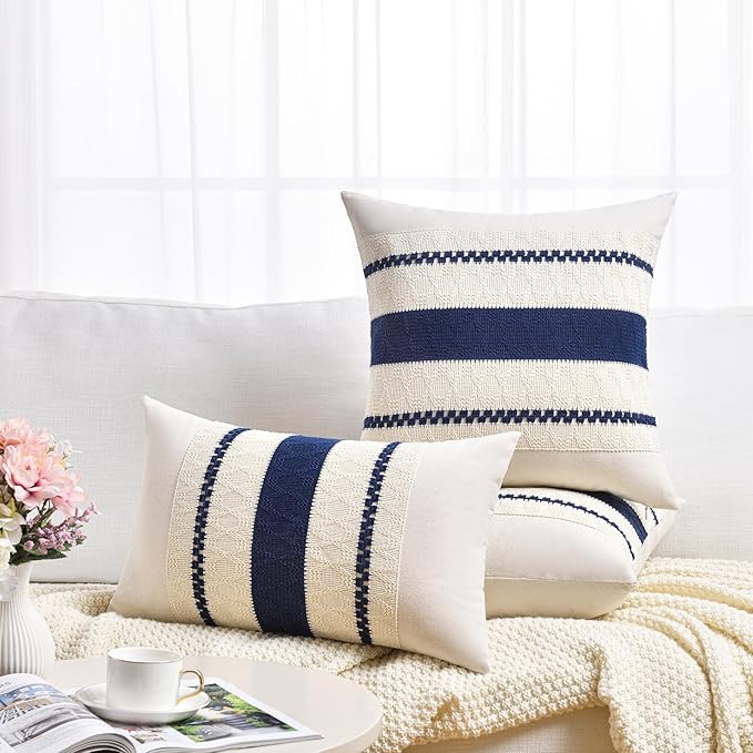 Fancy Homi Set of 2 Navy Blue Lumbar Decorative Throw Pillow Covers 14x24 Inch for Couch Bed Sofa Living Room, Aesthetic Modern Organic Farmhouse Home Decor, Soft Cotton Woven Textured Cushion Case