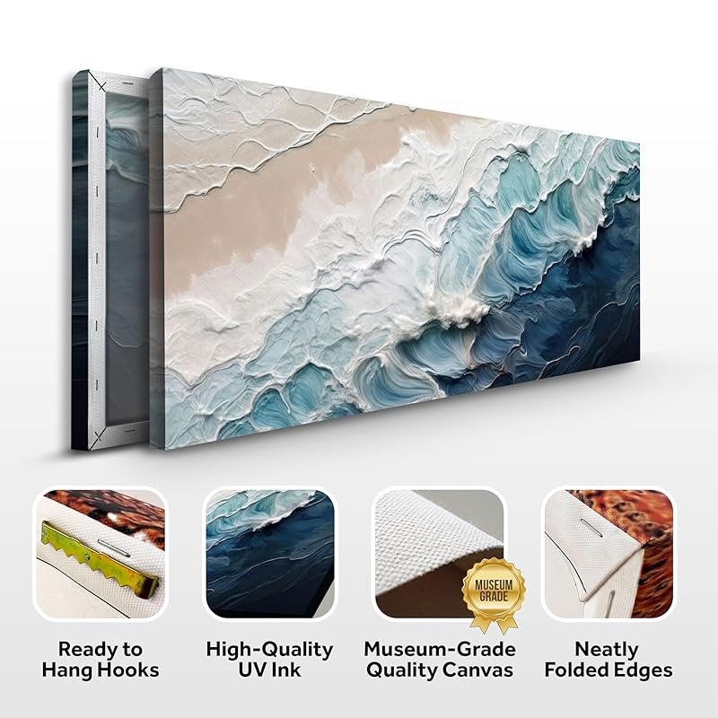 Tailored Canvases Crashing Coastal Waves Impasto Wall Art for Living Room, Abstract Seascape Canvas, Beach Paintings, Wave Artwork, Coastal Ocean Decor, Nautical Blue and White Accent Print 10x20