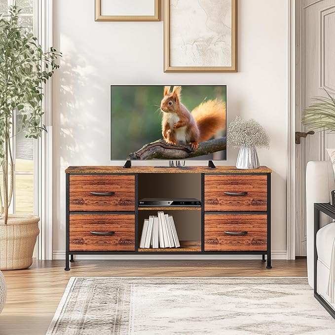 TV Stand for Bedroom, Television Stand for TV up to 46 Inch Entertainment Center Dresser with 4 Drawers Open Storage Shelves for Living Room, Entryway (Brown and Rustic Brown)