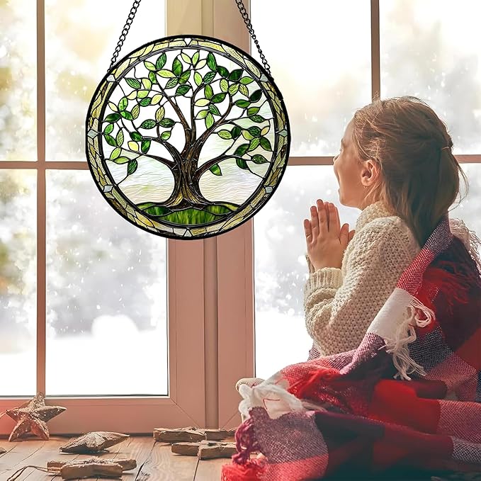 Stained Glass Window Hanging - Brown Tree Trunk Green Leaves Sun Catcher for Door Garden Home Decor Plant Suncatcher Christmas Mother's Day Birthday Gifts for Women Men Mom Nana 7.8 in