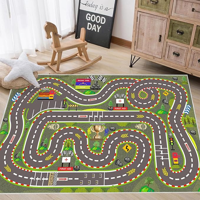 Kids Rug, Race Track Playmat Rugs 47×31 in Kids Carpet with Rubber Backing, Start and Finish line Racing Track Marking Car Road Race 3D Play Mat Nursery Rugs for Children Bedroom Playroom