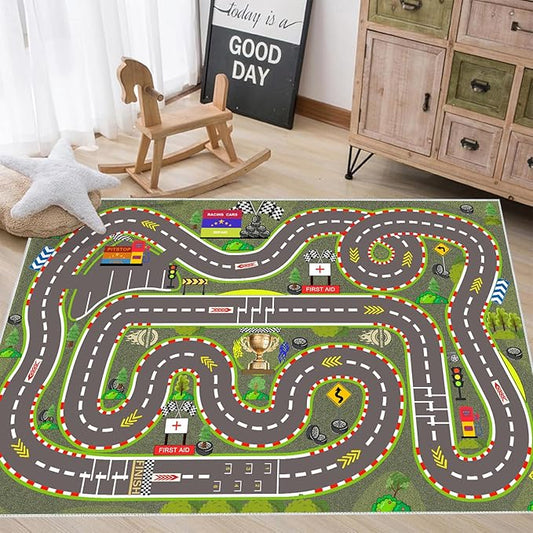 Kids Rug, Race Track Playmat Rugs 47×31 in Kids Carpet with Rubber Backing, Start and Finish line Racing Track Marking Car Road Race 3D Play Mat Nursery Rugs for Children Bedroom Playroom