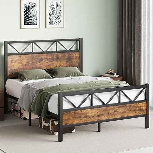 Full Size Bed Frame with 51.2" Tall Headboard, Platform Bed Frame with Metal Support, Solid and Stable, Noise Free, No Box Spring Needed, Rustic Brown
