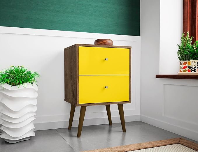 Manhattan Comfort Liberty Mid Century Modern Nightstand with Drawers, Bedside Table for Bedroom and Living Room, Night Stand Accent Decor, Easy Assembly, Brown/Yellow