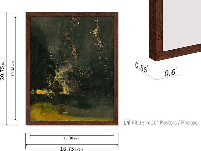 Poster Master Vintage Nocturne in Black and Gold Painting Poster - Retro The Falling Rocket Print - Abstract Art - Moody Art - Landscape Art - Office or Living Room Decor, 16x20 Brown Framed