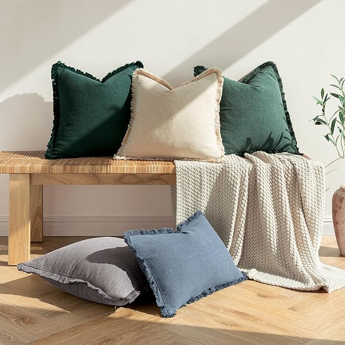MIULEE Decorative Throw Pillow Covers Neutral Linen Fringe Throw Pillows Set of 2 Army Green Boho Farmhouse Cushion Covers with Tassels for Couch Sofa Bed Living Room Spring Home Decor 18x18 Inch