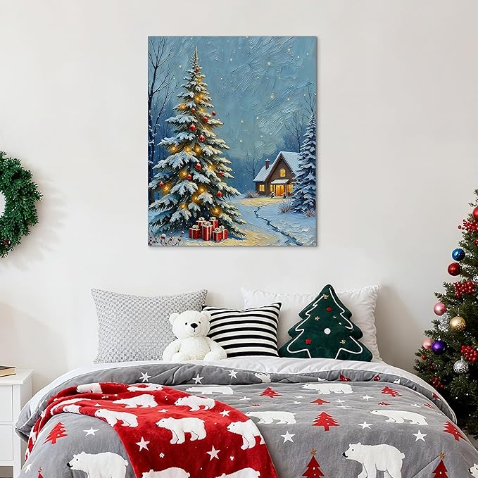 Framed Christmas Pictures Wall Decor,Vintage Pine Tree Prints,Winter Christmas Canvas Wall Art Decoration for Bedroom Bathroom Living Room Rustic Xmas Holiday Gifts (Christmas Tree 20, 16'' X 20'')