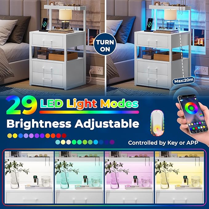 AOGLLATI Nightstand Set of 2 with Charging Station and LED Lights, Bedside Table with 3 Drawers and Open Storage Shelves, 2 USB Ports and 2 AC Outlets, LED Night Stand for Bedroom, 2 Pack, White