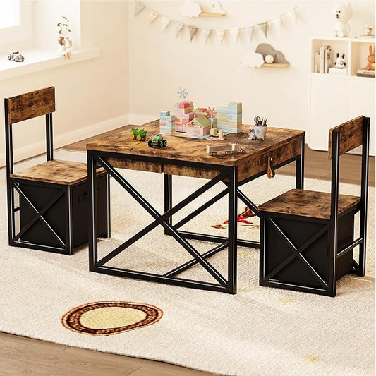 Kids Table and 2 Chairs Set, 4 in 1 Toddler Activity Table and Chairs Set with Storage, Children Desk and Chairs Set for Crafts, Drawing, Reading, Toddler Furniture Ideal for Learning Play