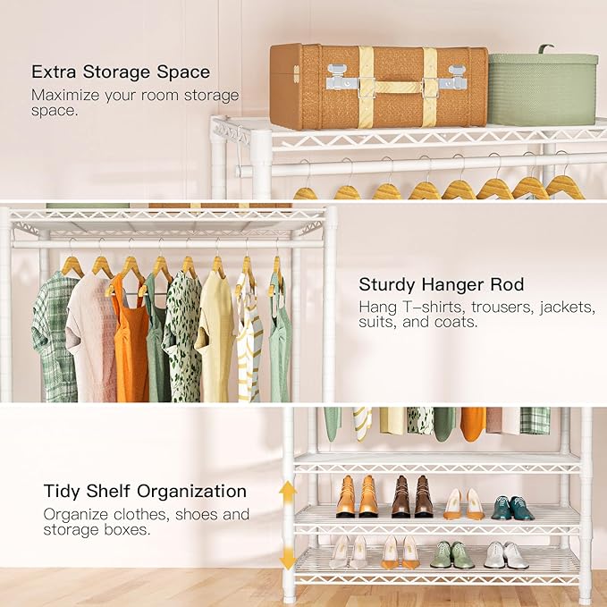 Ulif E11 Heavy-Duty Garment Rack, Metal Freestanding Clothes Rack and Closet Storage Organizer with 8 Shelves and 4 Hanger Rods, (73.2 - 97.6)"W x 14.5"D x 71.2"H, Load 1034 LBS, White