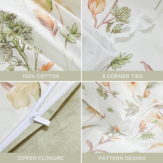 SAPHREAS Floral Duvet Cover Set Full Size 3pcs Yellow Flower Green Botanical Bedding Comforter Cover Set 100% Cotton 1 Duvet Cover 90"x80" 2 Pillow Shams, Comforter Not Included