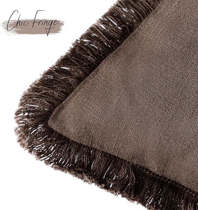 Foindtower Set of 2 Decorative Linen Fringe Throw Pillow Covers Cozy Boho Farmhouse Cushion Cover with Tassels Soft Accent Pillowcase for Couch Sofa Bed Living Room Home Decor,26×26 Inch,Reddish Brown