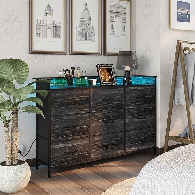 EXOTICA Black Dresser with Charging Station 9 Drawers Dresser with LED Light and USB Ports Fabric Dressers for Bedroom Hallway Entryway Closets Sturdy Steel Frame Wood Top