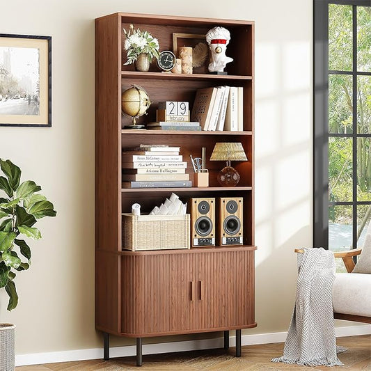 71" Tall Bookshelf, 4-Tier Bookcase with Storage Cabinet & Adjustable Storage Shelf, Freestanding Wood Bookshelf with Sliding Door and Adjustable Footpad, for Home Office, Living Room, Walnut
