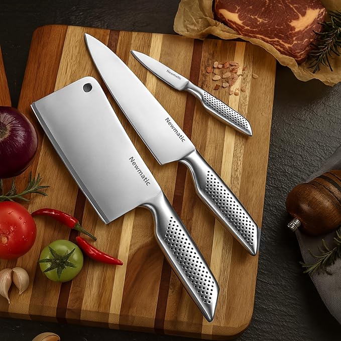 NEWMATIC 4-Piece kitchen knife set, stainless steel shef's knife set & sleaver with siamond sut technology - integrated molding design for home cooking