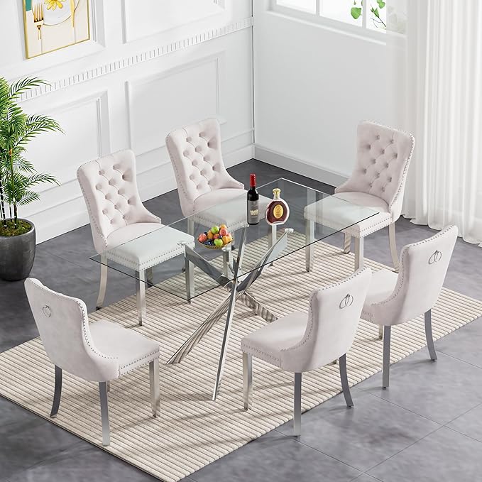 Goujxcy Glass Dining Table Set for 6, Modern Kitchen Table and Chairs Set of 6, 7-Piece Kitchen Dining Room Table Set w/51 Glass Metal Dining Table and 6 Beige Velvet Upholstered Chairs