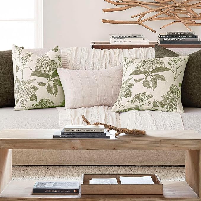 Foindtower Set of 2 Linen Floral Vintage Throw Pillow Covers Neutral Accent Print Decorative Cushion Covers Farmhouse Home Decor for Sofa Chair Couch Bedroom Living Room Outdoor,18×18 Inch,Sage Green