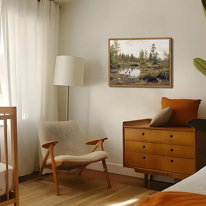 Floating Framed Canvas Wall Art Vintage Decor - Tranquil Marsh Landscape Wall Decor, Countryside Farmhouse Scenery Paintings Prints for Living Room Bedroom Office Decoration 8x10 inch