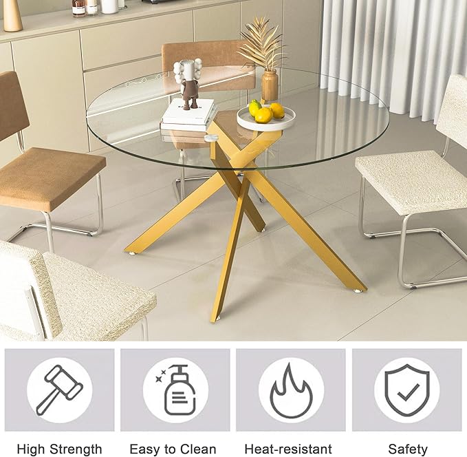 Goujxcy Round Dining Table Set for 4, Modern Glass Kitchen Table and Chairs Set of 4, 5 Piece Dining Room Table Set with 47" Circle Gold Metal Glass Dinner Tables and 4 Black Leather Dining Chairs
