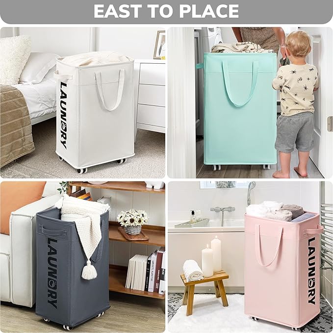 Goodpick Laundry Basket with Wheels, Dorm Room Essentials for Girls, 75L Collapsible Laundry Basket, Pink Laundry Hamper with Handle for College Dorm