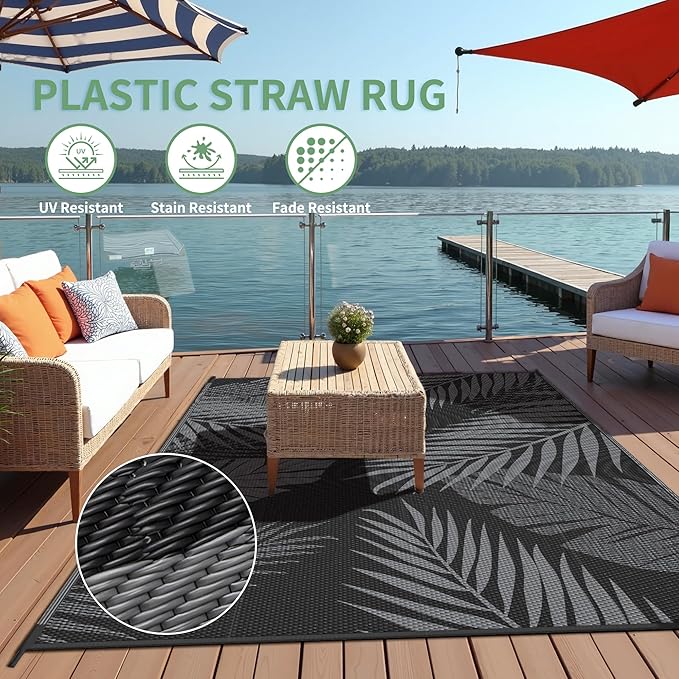 Outdoor Rug 6’x9’ Waterproof for Patio Clearance, Reversible Indoor Outdoor Plastic Straw Camping Rug Carpet, RV Mat, Large Area Rug for Deck, Backyard, Balcony, Porch, Beach, Black & Grey