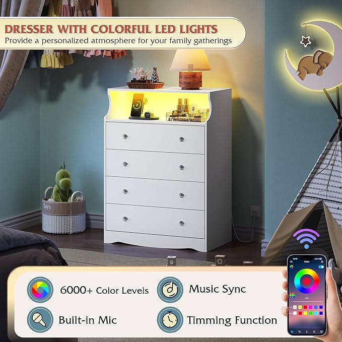 WLIVE White LED Dresser for Bedroom, Tall Wood Dresser with 4 Drawers and Open Shelf, Chest of Drawers with Charging Station and LED Lights for Living Room, Hallway, Closet