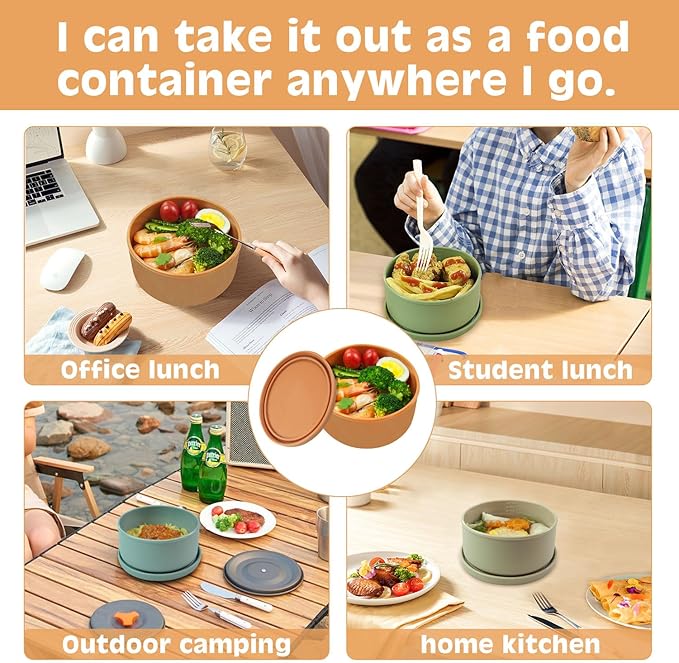 XU&PEIQI 24oz Silicone Food Storage Containers,Round Bowls with Lids - Meal Prep Containers for Kitchen Serving, Salad & Lunch - Airtight, Microwave/Fridge/Dishwasher Safe, BPA-Free (Brown)