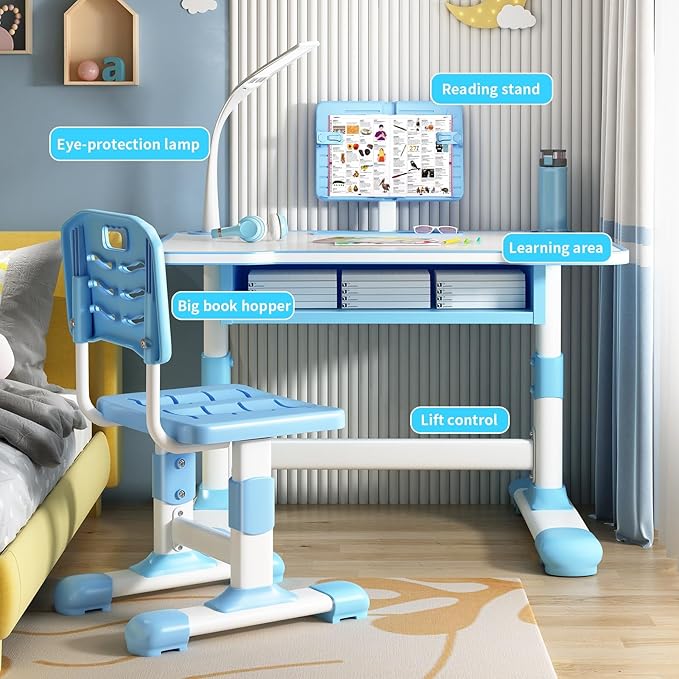 Study Desk Chair Set for Kids, Blue, Modern, Height Adjustable, Tiltable Reading Stand, Extra Large Drawer, LED Table Light