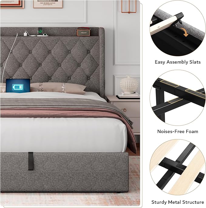 iPormis Queen Size Lift Up Storage Bed Frame with Charging Station, Upholstered Platform Bed Frame with Tufted Headboard, Hydraulic Storage, No Box Spring Needed, Noise-Free, Easy Assembly, light Grey