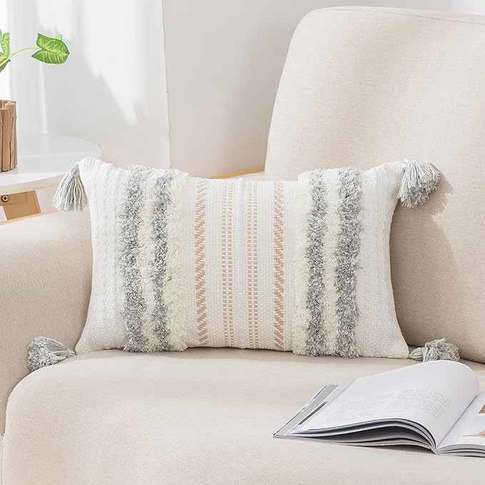 decorUhome Decorative Boho Throw Pillow Cover 12x20, Lumbar Accent Neutral Textured Tufted Pillow Cover Striped for Couch Bed Sofa, Light Grey and Cream White, Pack of 1