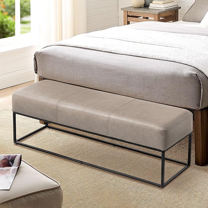 Entryway Bench for Bedroom End of Bed, Modern Ottoman with Faux Leather Upholstered Seating, Metal Frame Leather Bench for Bedroom Living Room Entryway [47'', Vintage Beige]