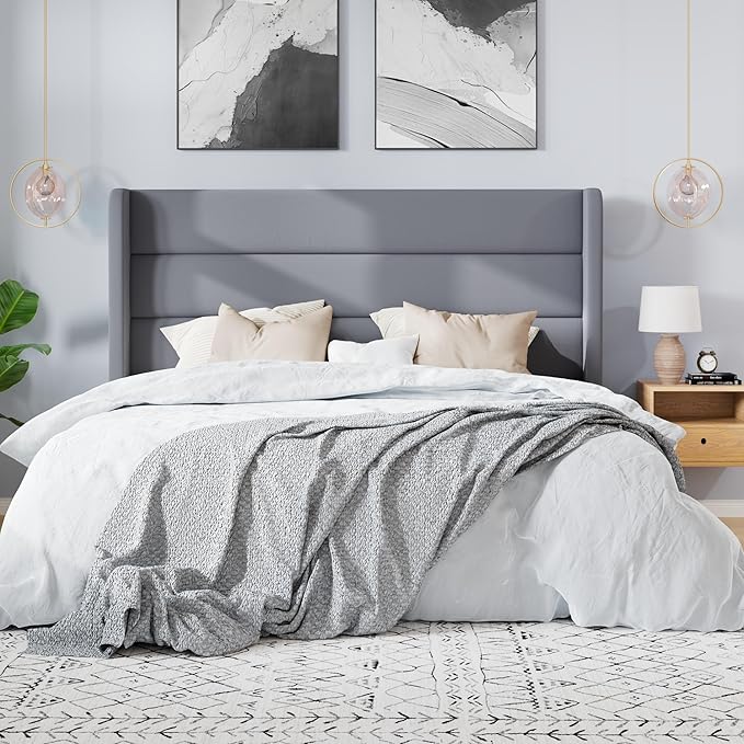 SHA CERLIN Queen Size Velvet Bed Frame/Vertical Channel Tufted Wingback Headboard/Upholstered Platform Bed with Wooden Slats/Mattress Foundation/No Box Spring Needed/Easy Assembly/Grey