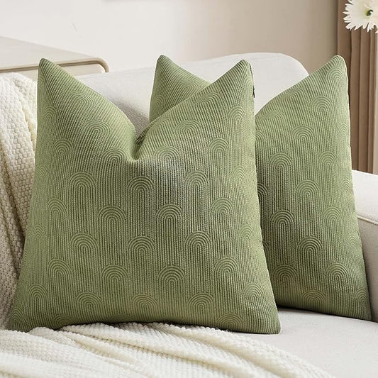 FUTEI Moss Green Chenille Decorative Throw Pillow Covers 18x18 Inch Set of 2,Soft Cozy Striped Geometric Patterns Cushion Case,Modern Home Decor for Couch Bed Living Room