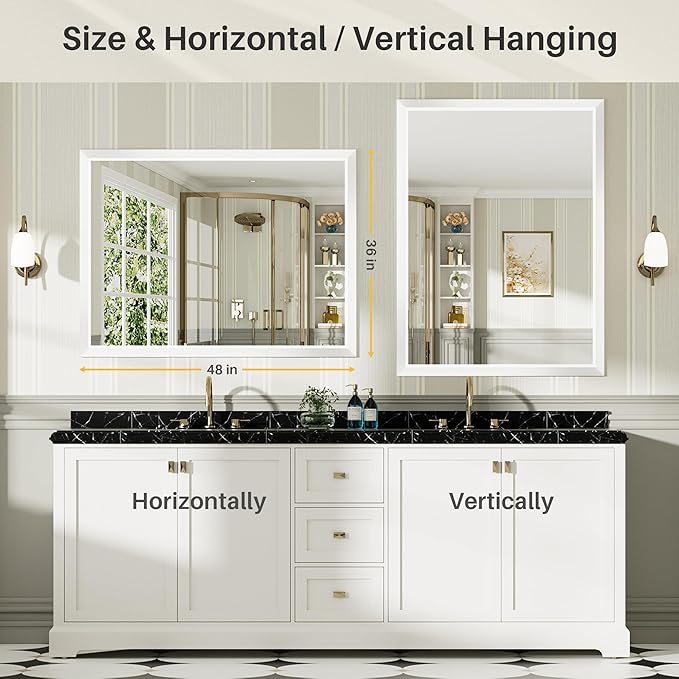 48x36 Inch White Bathroom Mirror for Wall, Thick Metal Framed Rectangle Mirrors for Over Sink, Bedroom, Living Room, Entryway, Anti-Rust, HD Tempered Glass